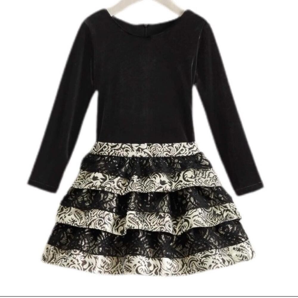 Chasing Fireflies Girls Black Gold Velvet & Lace Tiered Party Dress EUC sz 7